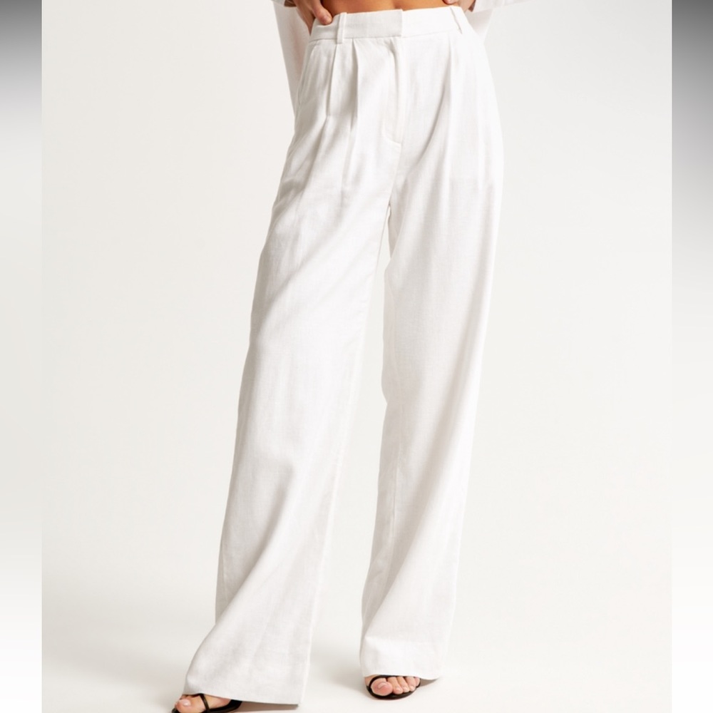 (Med. Short) Linen-Blend Tailored Wide Leg Pant